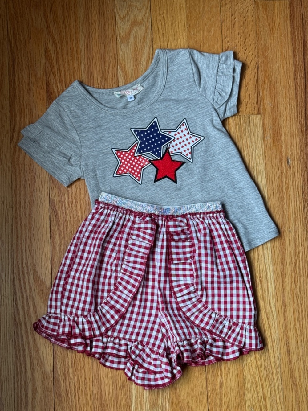 Truly Me Gray Tee and Red Gingham Ruffle Shorts Set